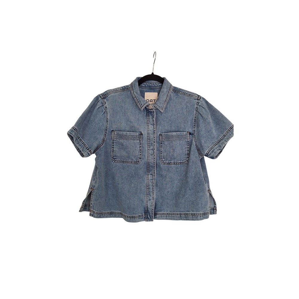 OAT New York Women Medium Wash Denim Short Puff Sleeve Boxy Cropped Shirt Size M